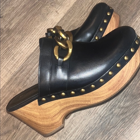 Michael Kors Black and Gold Mules with Chain Detail - Picture 1 of 5
